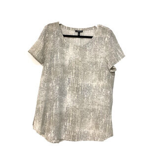 Eileen Fisher 100% Silk Almond Gray Metaphor Print Short Sleeve Blouse Size PL